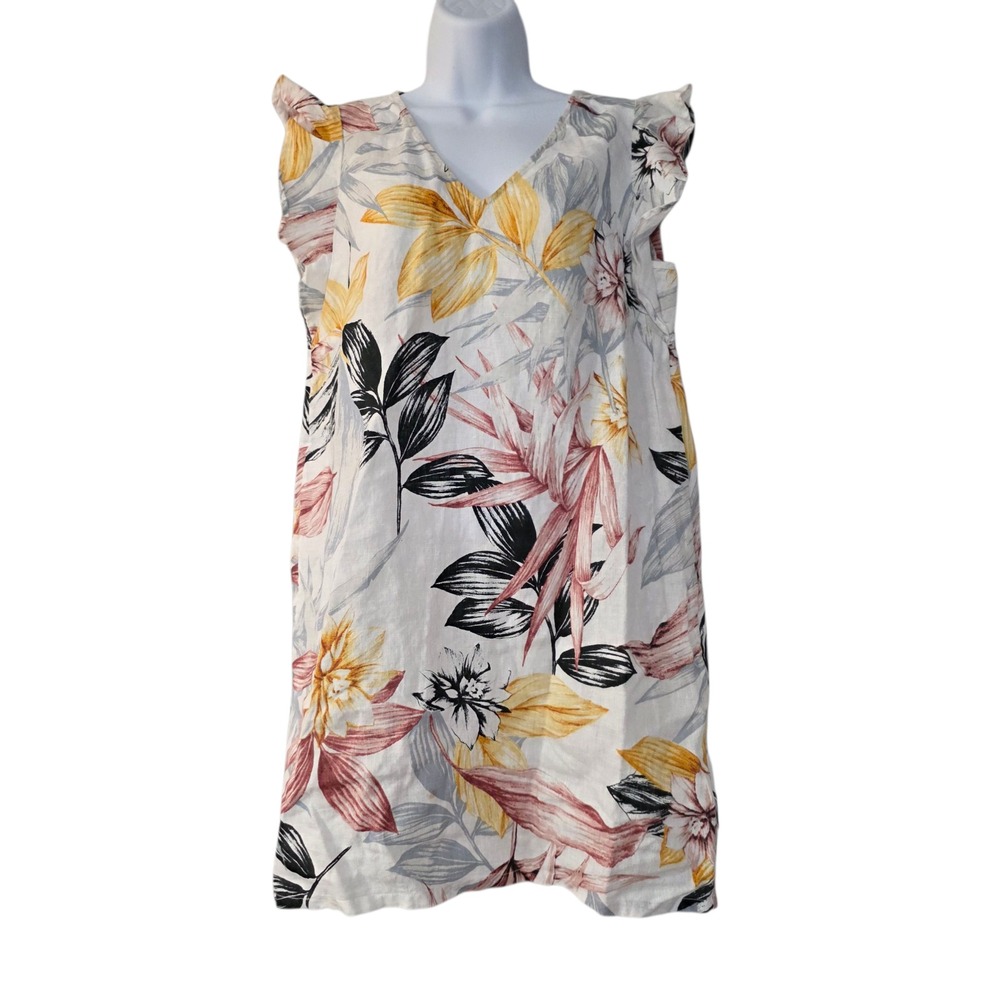 C&C California Mini Dress Womens White Small V Neck Linen Floral Tropical Shift